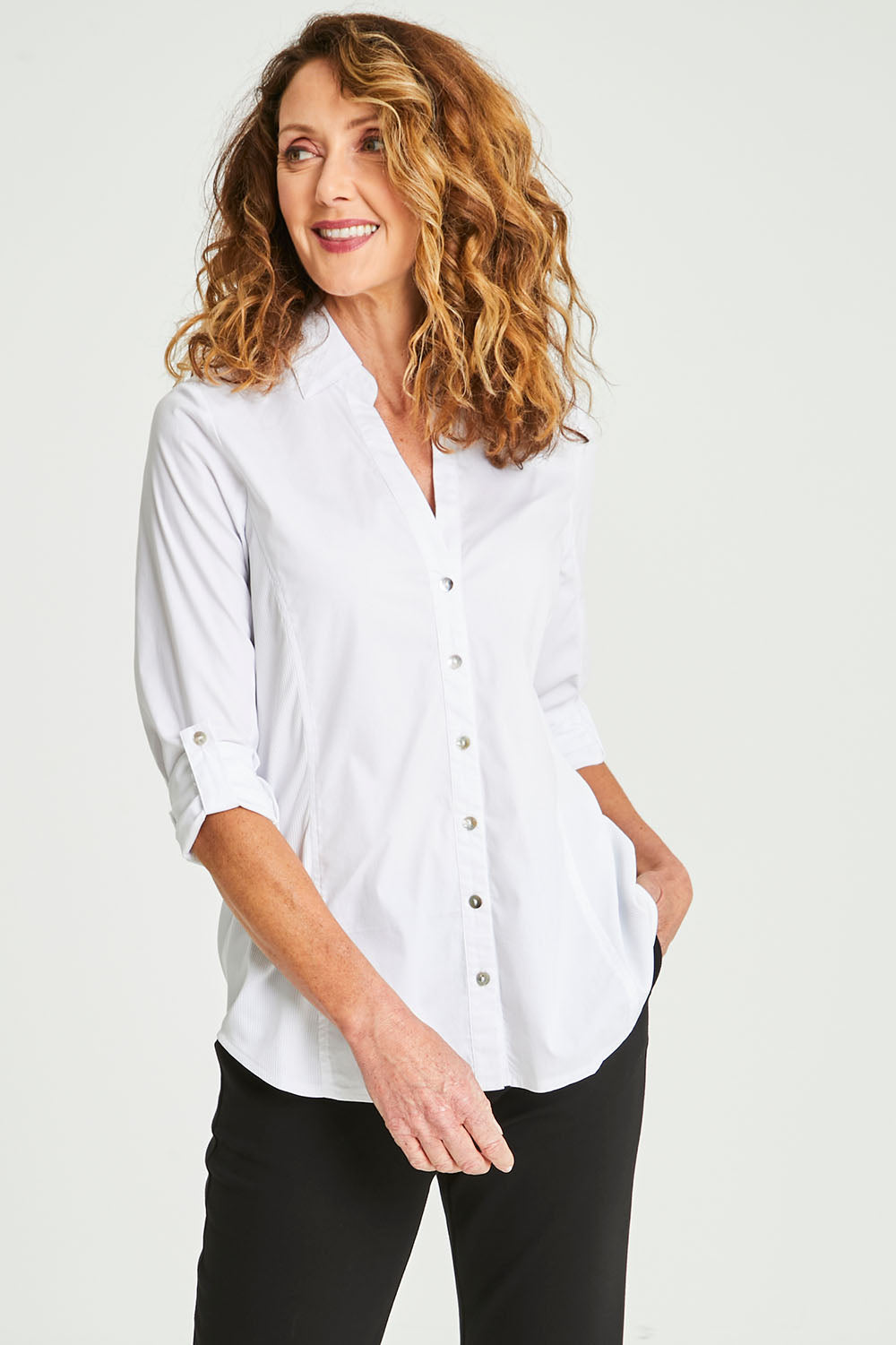 Model Emma wearing size 10 of the Emma Rib Detail Shirt in colour White (White), from the front, cropped image