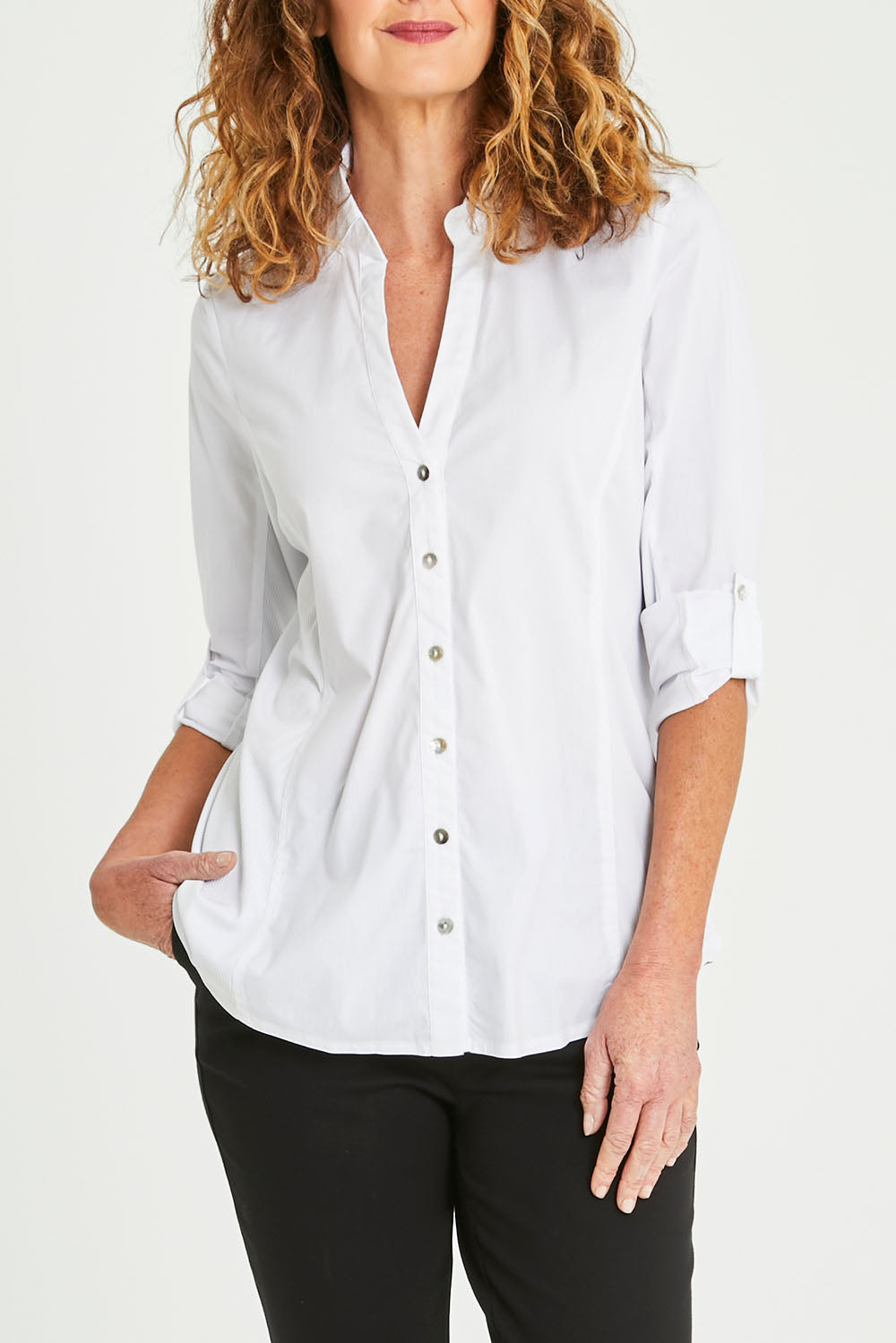 Model Emma wearing size 10 of the Emma Rib Detail Shirt in colour White (White), from the front, cropped image