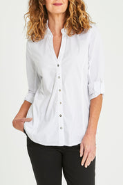 Model Emma wearing size 10 of the Emma Rib Detail Shirt in colour White (White), from the front, cropped image