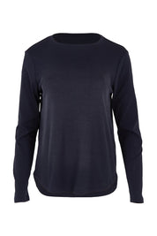 Product shot of the Crew Neck Long Sleeve Cotton Top in colour Navy (Blue), from the front