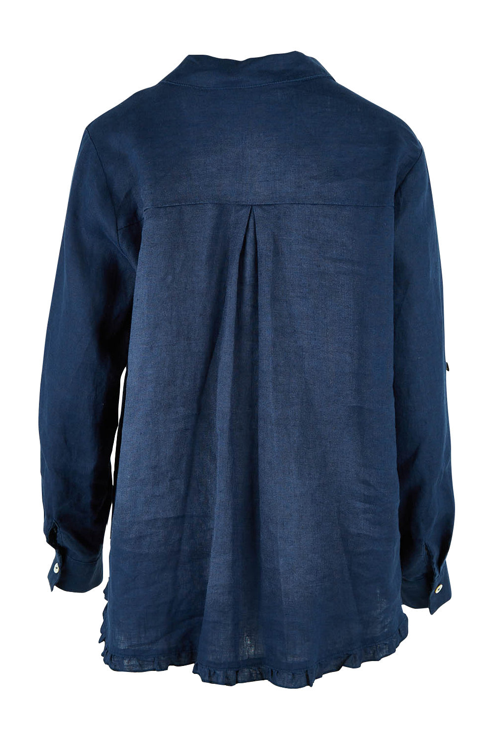 Product shot of the Ruffle Hem Linen Shirt in colour Navy (Blue), from the back