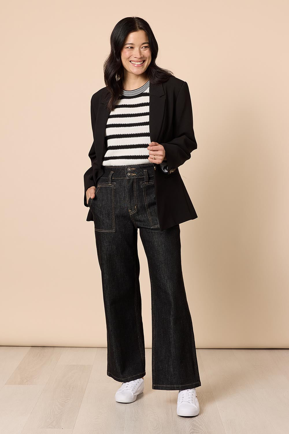 Model Genericm wearing size sample of the Hudson Wide Leg Jean - Black in colour Black, from the front
