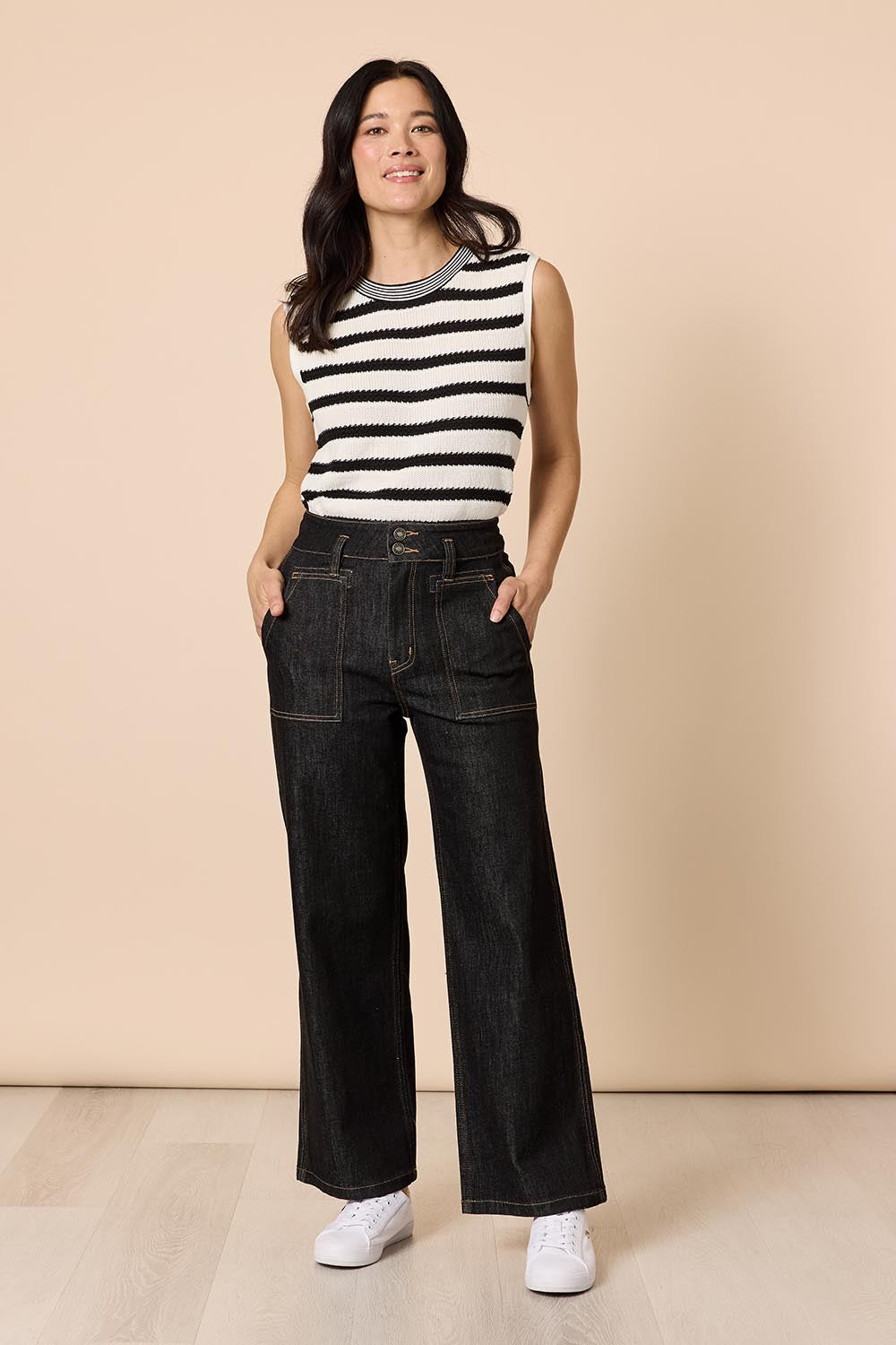 Model Genericm wearing size sample of the Hudson Wide Leg Jean - Black in colour Black, from the front