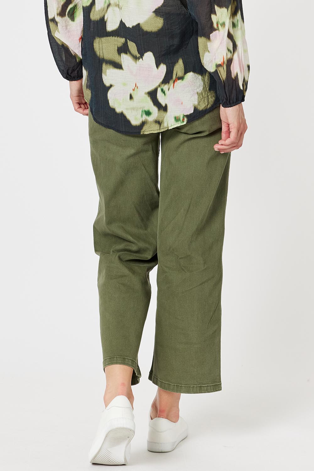 A model wearing the Hudson Wide Leg Jean in colour Khaki (Green), from the back