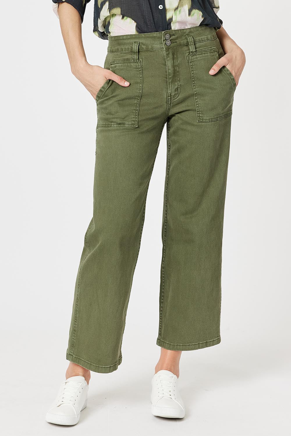 A model wearing the Hudson Wide Leg Jean in colour Khaki (Green), from the front, cropped image
