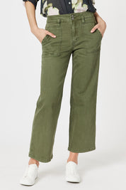 A model wearing the Hudson Wide Leg Jean in colour Khaki (Green), from the front, cropped image
