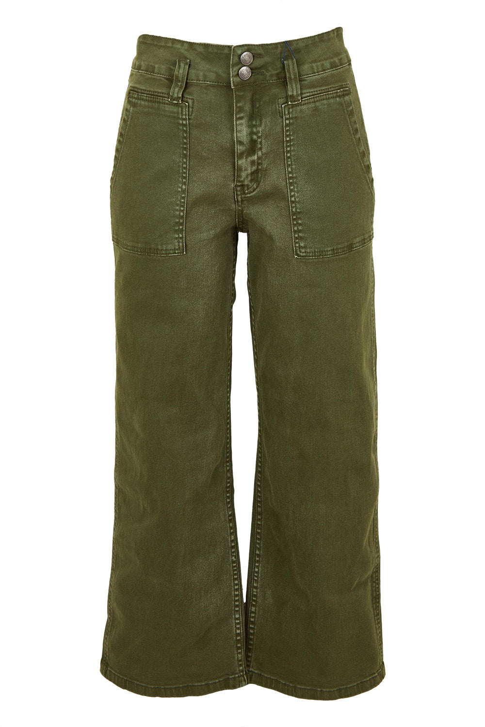 Product shot of the Hudson Wide Leg Jean in colour Khaki (Green), from the front