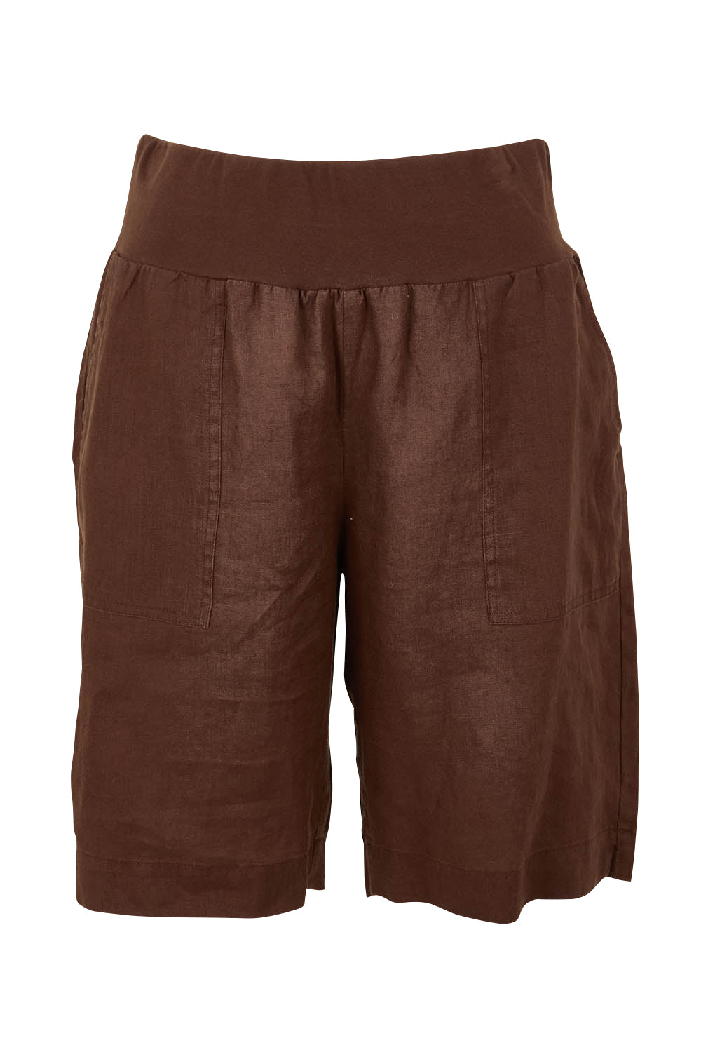 Product shot of the Jersey Waist Linen Short in colour Koko, from the front