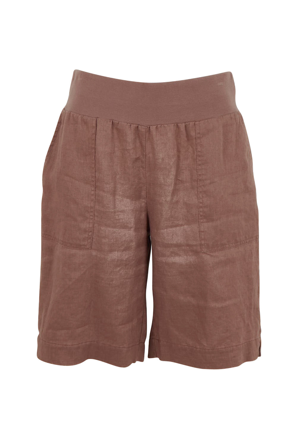 Product shot of the Jersey Waist Linen Short - Mocha in colour Mocha, from the front