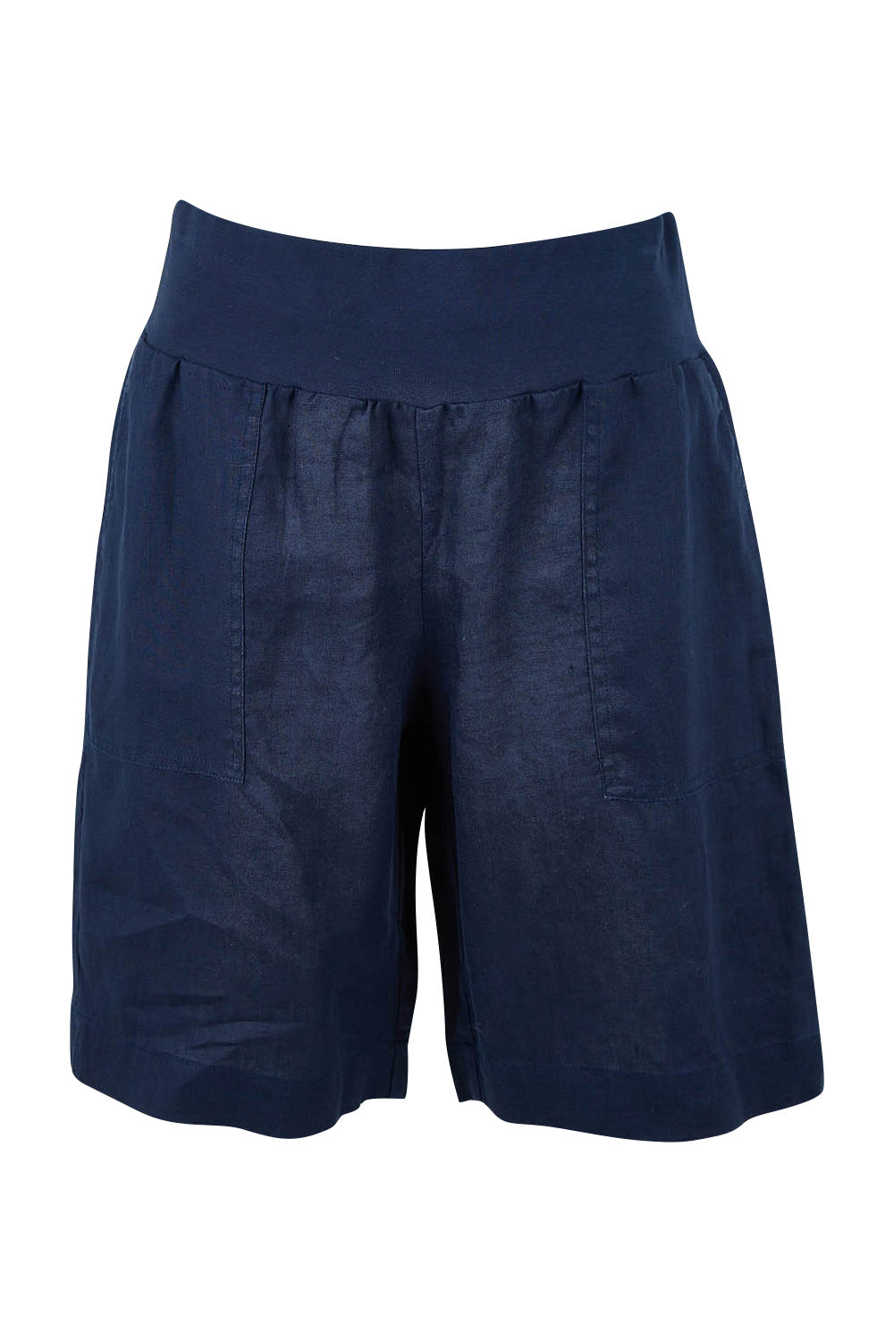 Product shot of the Jersey Waist Linen Short in colour Navy (Blue), from the front