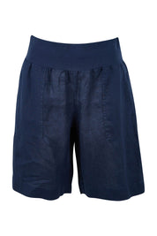 Product shot of the Jersey Waist Linen Short in colour Navy (Blue), from the front