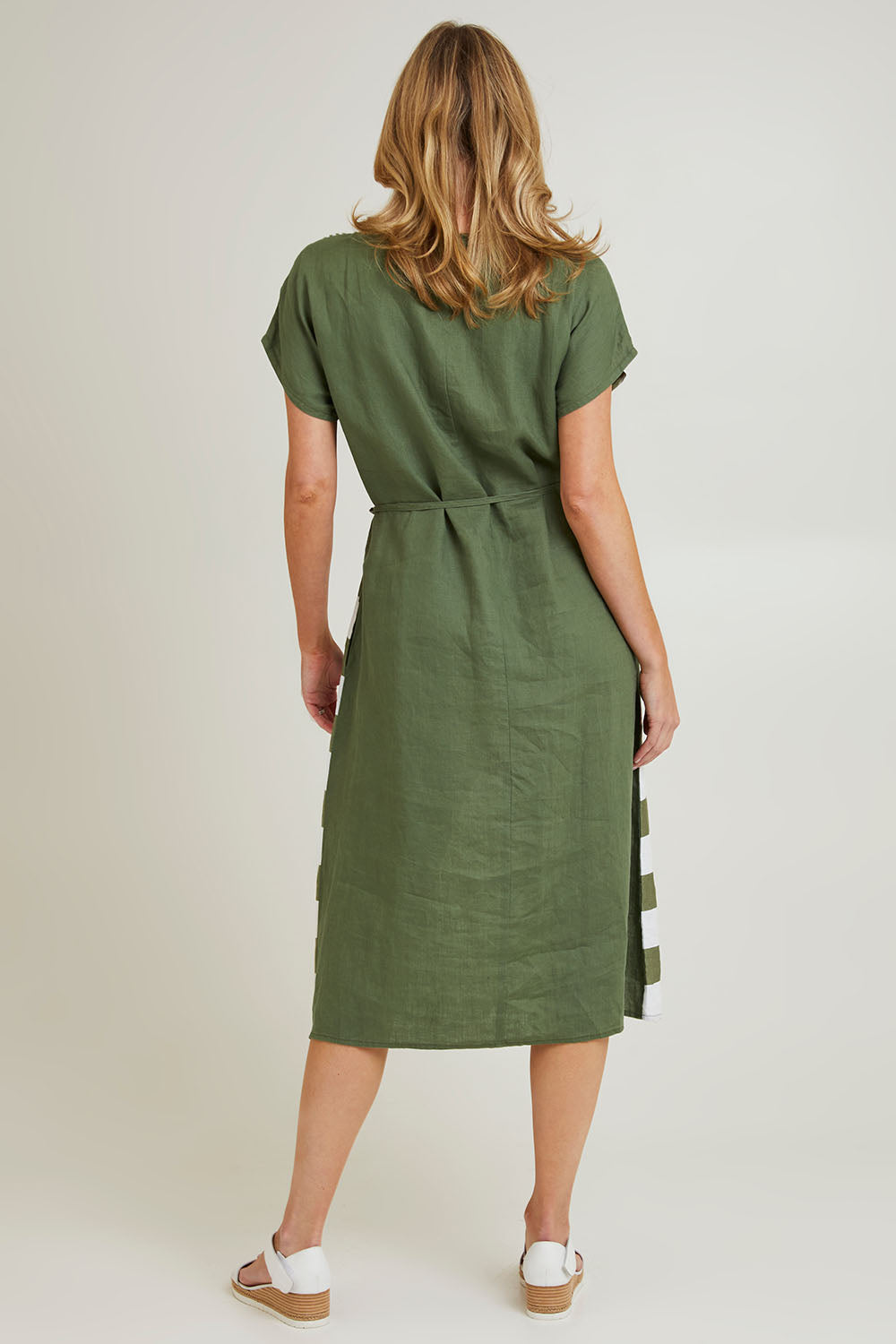 Preloved Patio Linen Stripe Dress - Khaki