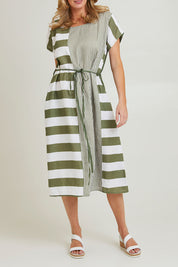 Preloved Patio Linen Stripe Dress - Khaki
