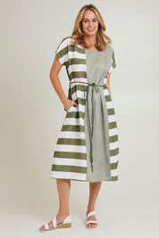 Preloved Patio Linen Stripe Dress - Khaki