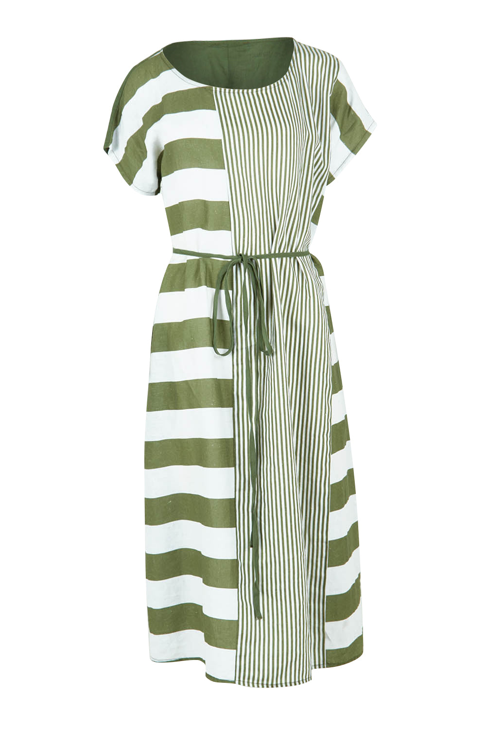 Preloved Patio Linen Stripe Dress - Khaki