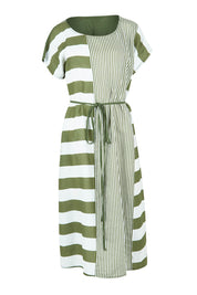 Preloved Patio Linen Stripe Dress - Khaki