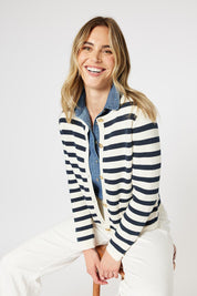 A model wearing the Capetown Cotton Cardigan in colour Navy (Blue), from the front, cropped image