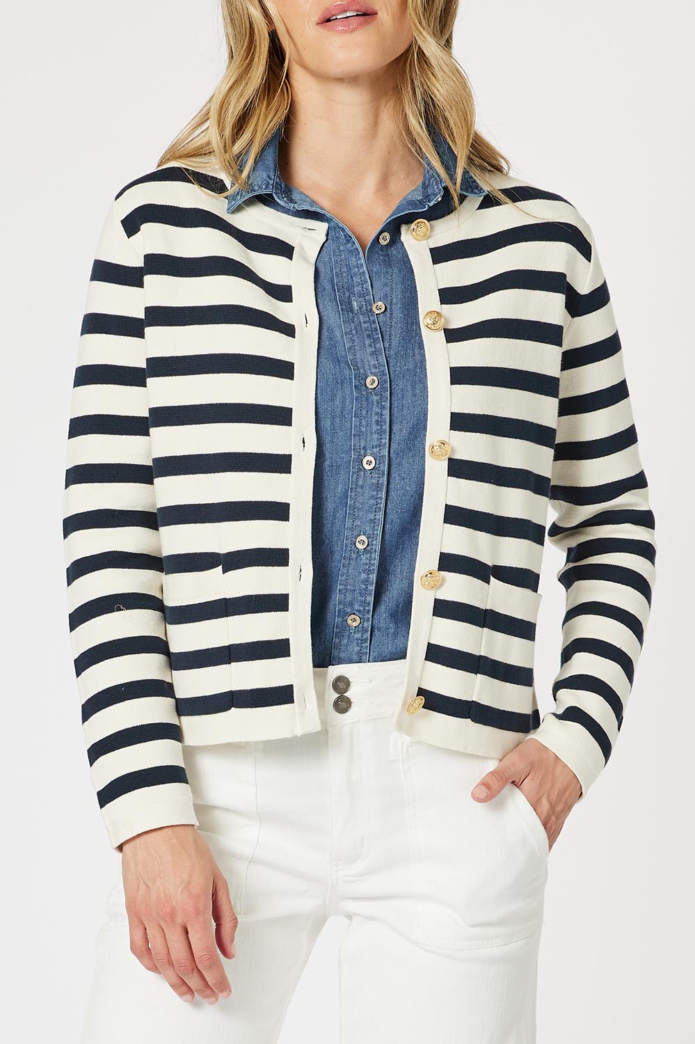 A model wearing the Capetown Cotton Cardigan in colour Navy (Blue), from the front, cropped image