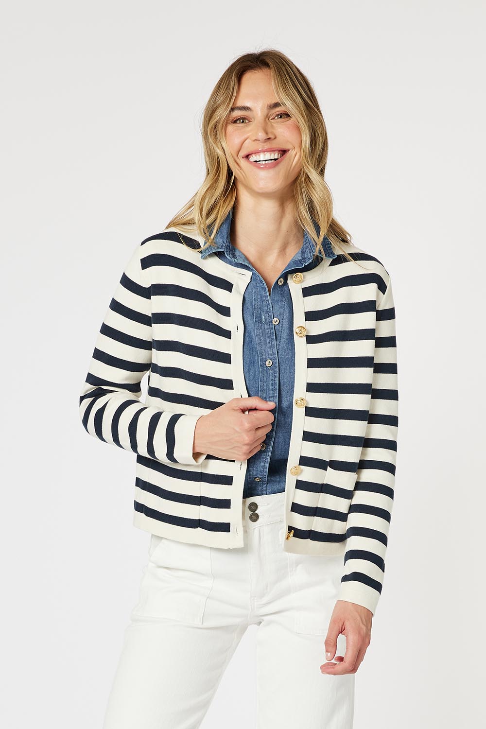 A model wearing the Capetown Cotton Cardigan in colour Navy (Blue), from the front, cropped image