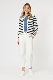 A model wearing the Capetown Cotton Cardigan in colour Navy (Blue), from the front, showing the whole outfit