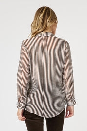 A model wearing the City Stripe Shirt in colour Chocolate, from the back