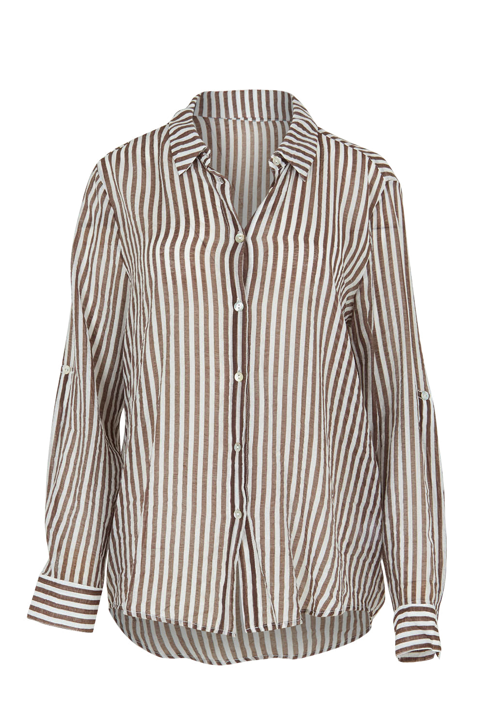 Product shot of the City Stripe Shirt in colour Chocolate, from the front