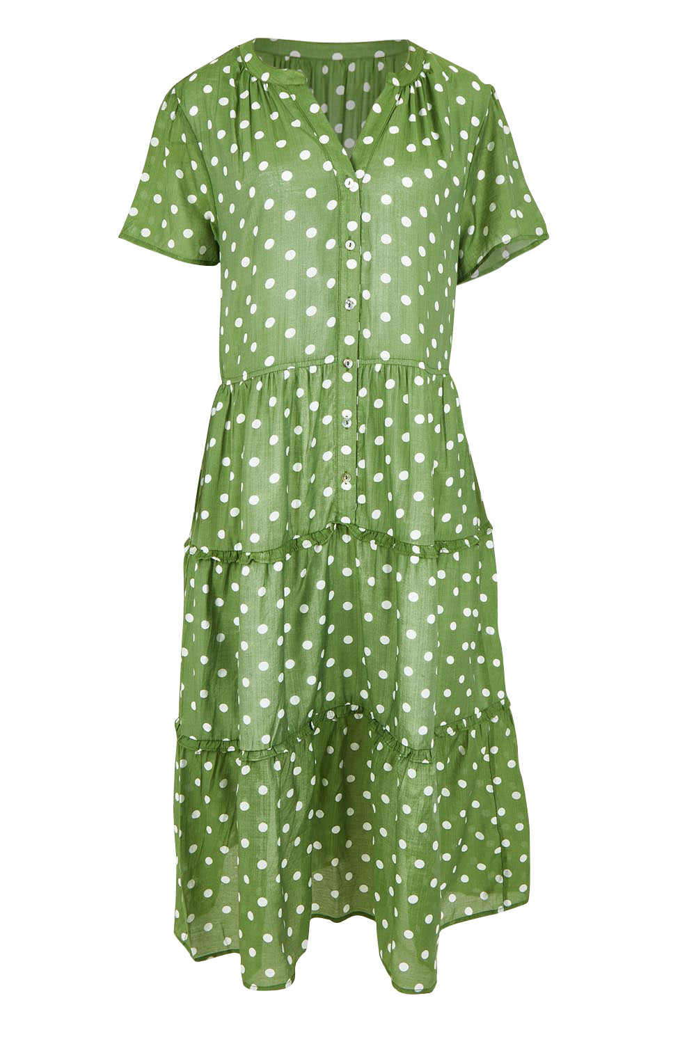 Product shot of the Basil Spot Dress in colour Basil (Green), from the front