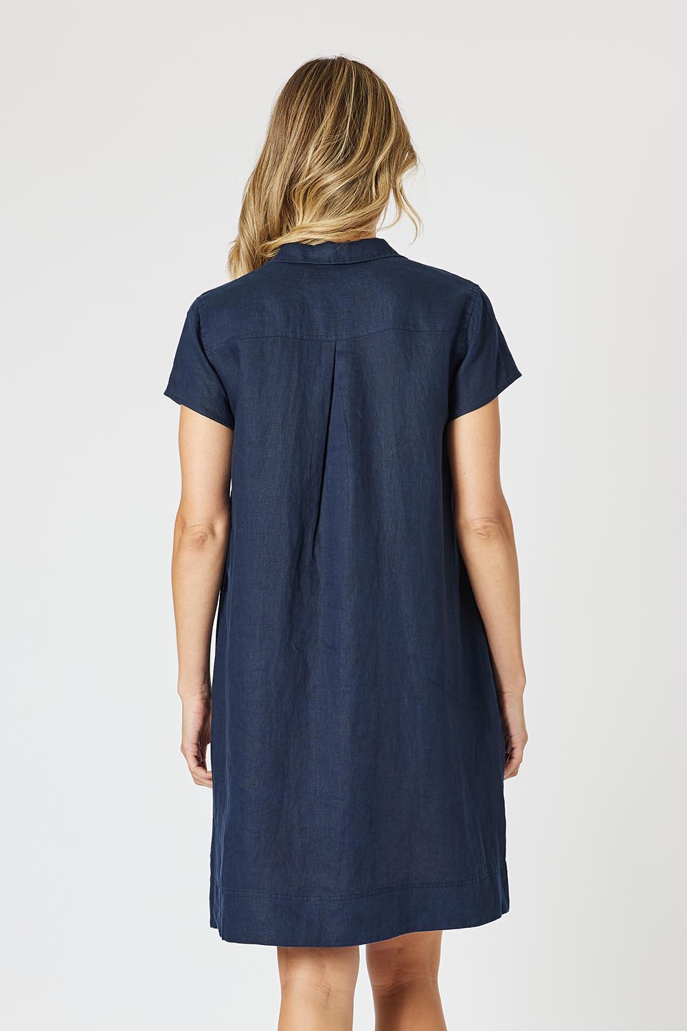 A model wearing the Delta Lino Linen Blend Dress in colour Navy (Blue), from the back