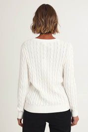 Model Riina wearing size S of the Hampton Cable Knit Jumper in colour Ivory (White), from the back