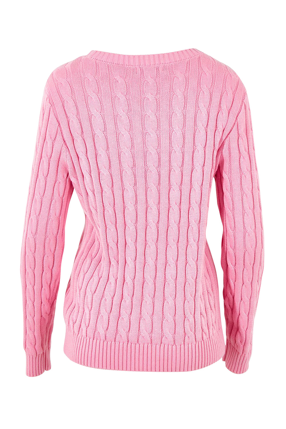 Product shot of the Hampton Cable Knit Jumper in colour Pink (Pink), from the back