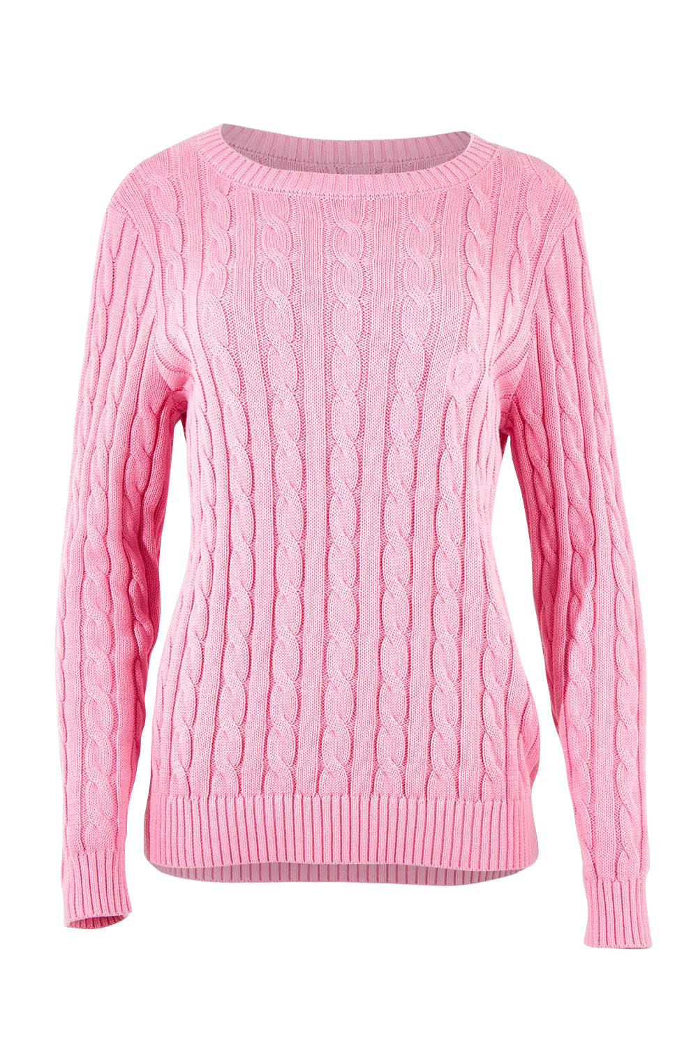 Product shot of the Hampton Cable Knit Jumper in colour Pink (Pink), from the front