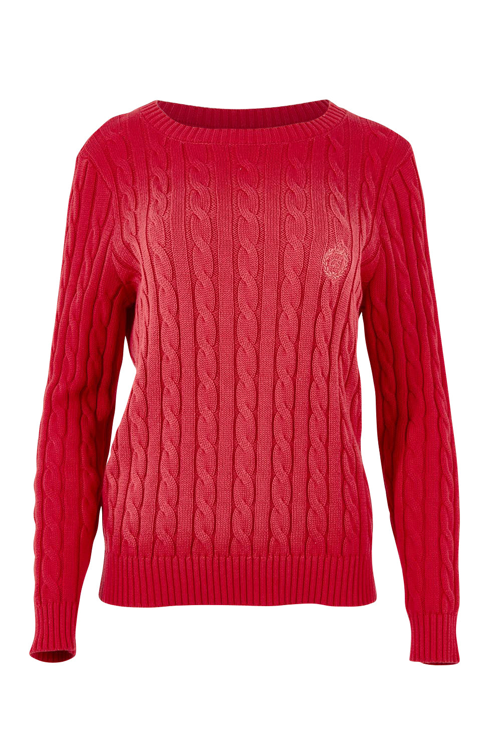 Product shot of the Hampton Cable Knit Jumper in colour Red (Red), from the front