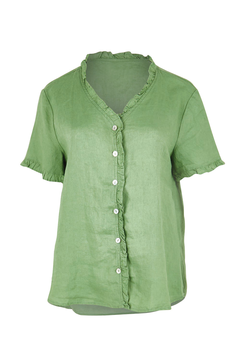 Product shot of the Audrey Ruffle Linen Top - Fern in colour Fern, from the front
