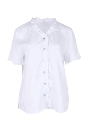 Product shot of the Audrey Ruffle Linen Top - White in colour White, from the front