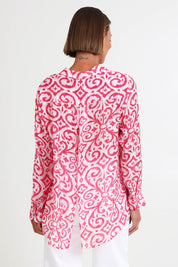 Model Riinar wearing size 10 of the Provence Print Shirt – Raspberry in colour Raspberry, from the back
