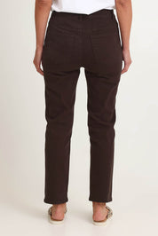 Model Riina wearing size 10 of the Slim Miracle Denim Jeans in colour Coffee, from the back