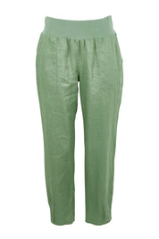 Product shot of the Pull On Linen Pant - Fern in colour Fern, from the front