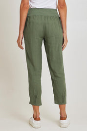 Model Madeline wearing size 10 of the Pull On Linen Pant in colour Khaki (Green), from the back