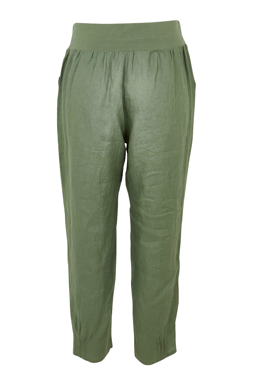 Product shot of the Pull On Linen Pant in colour Khaki (Green), from the back