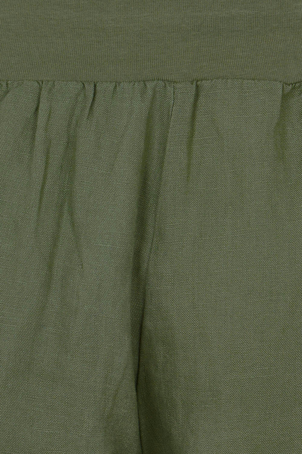 Product shot of the Pull On Linen Pant in colour Khaki (Green), detail