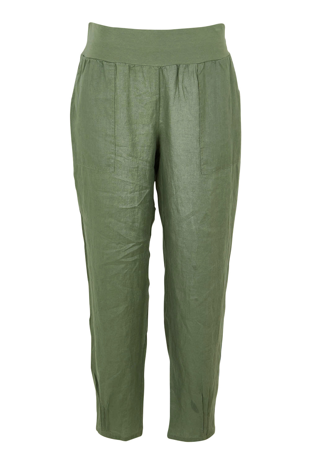 Product shot of the Pull On Linen Pant in colour Khaki (Green), from the front