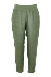 Product shot of the Pull On Linen Pant in colour Khaki (Green), from the front