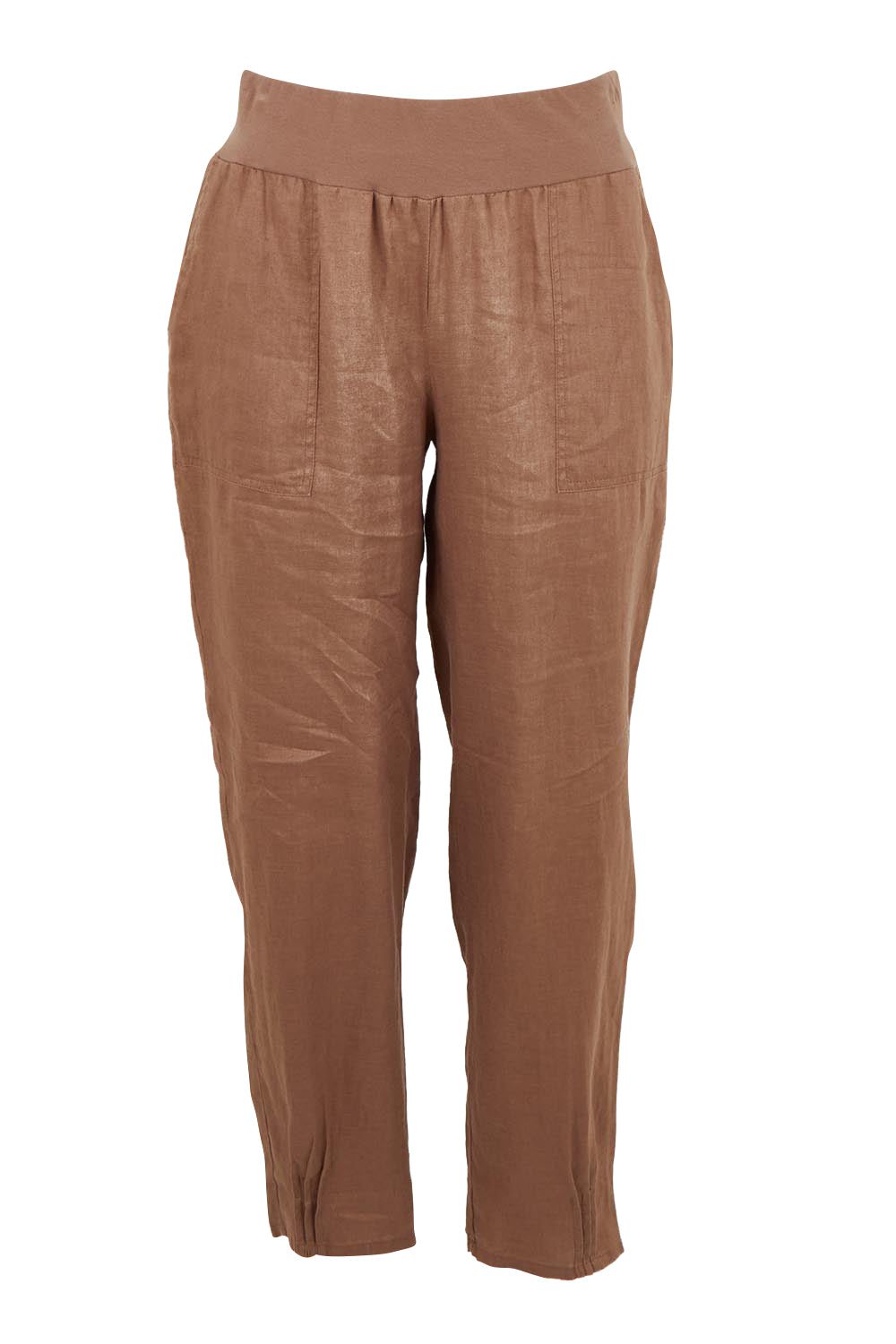 Product shot of the Pull On Linen Pant - Mocha in colour Mocha, from the front