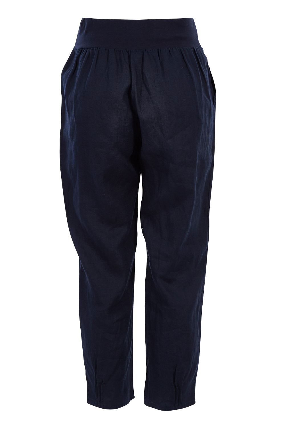 Product shot of the Pull On Linen Pant in colour Navy (Blue), from the back