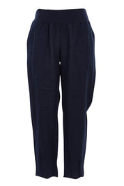 Product shot of the Pull On Linen Pant in colour Navy (Blue), from the front