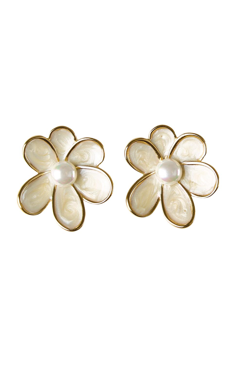 Product shot of the Bronte Flower Stud Earring - White in colour White, from the front