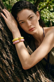 Product shot of the Candy Stripe Stretch Bracelet - Yellow in colour Yellow, showing detail