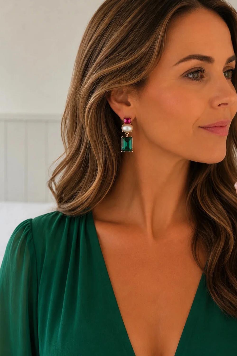 Model Genericm wearing size sample of the Matilda Geometric Crystal Earring - Fuchiaemerald in colour Fuchiaemerald, from an angle