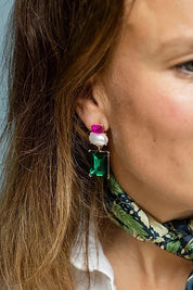 Model Genericm wearing size sample of the Matilda Geometric Crystal Earring - Fuchiaemerald in colour Fuchiaemerald, from an angle