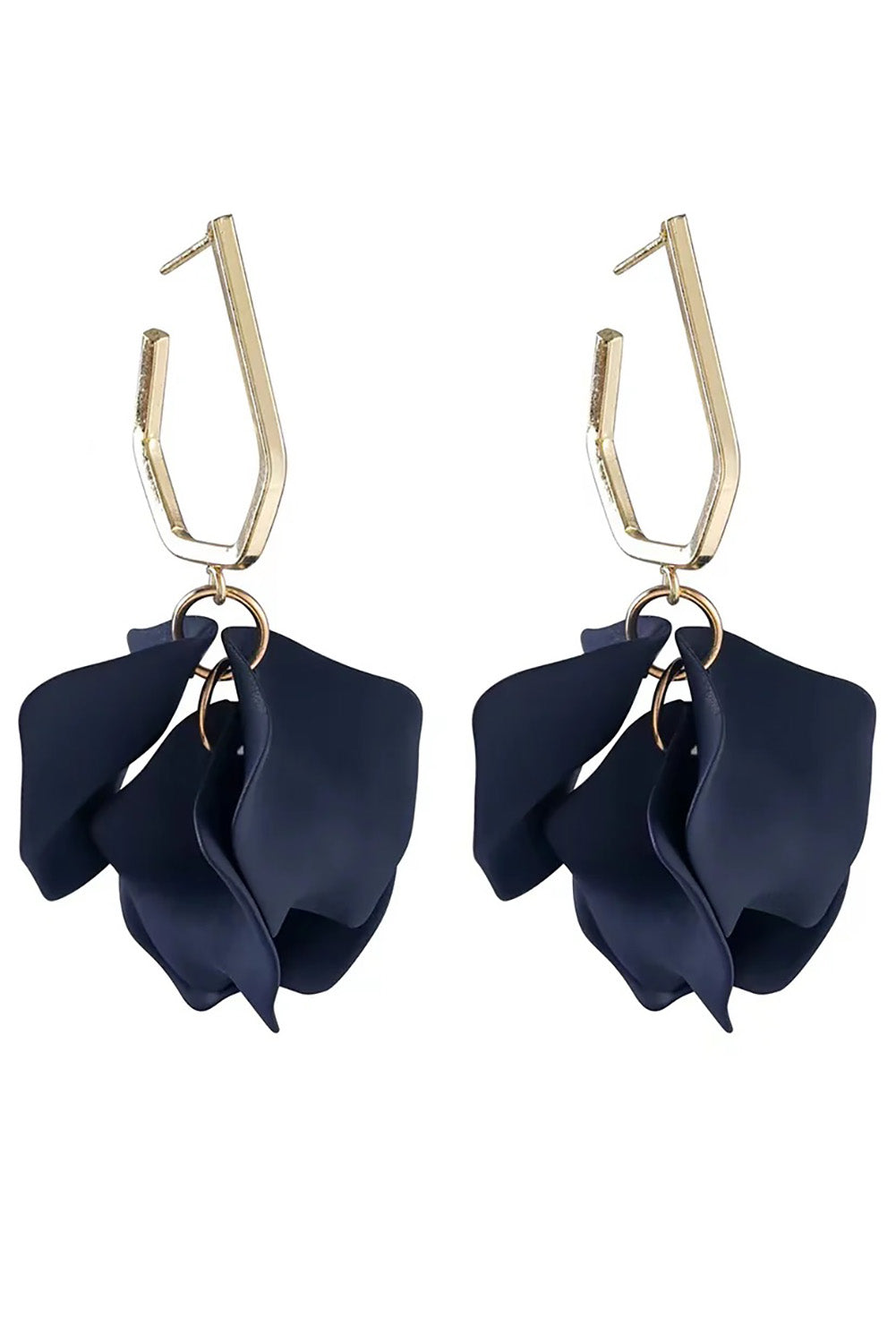 A model wearing the Medium Drop Multi Leaf Earring in colour Navy (Blue), from the front, showing the whole outfit